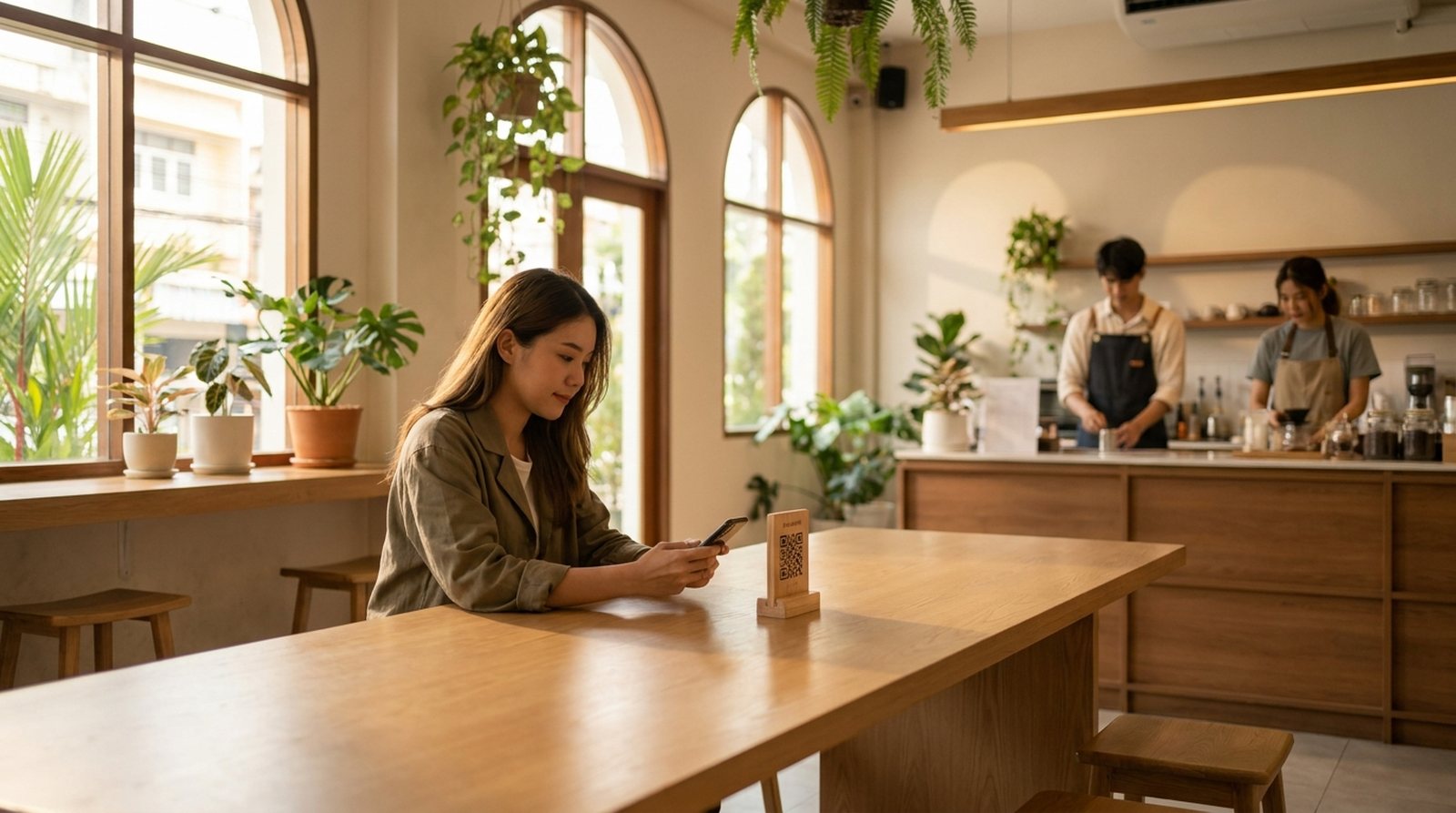 A guest at a long wooden table in a bright, plant-filled café scans the QR stand in front of her with her phone while two baristas work the counter behind.