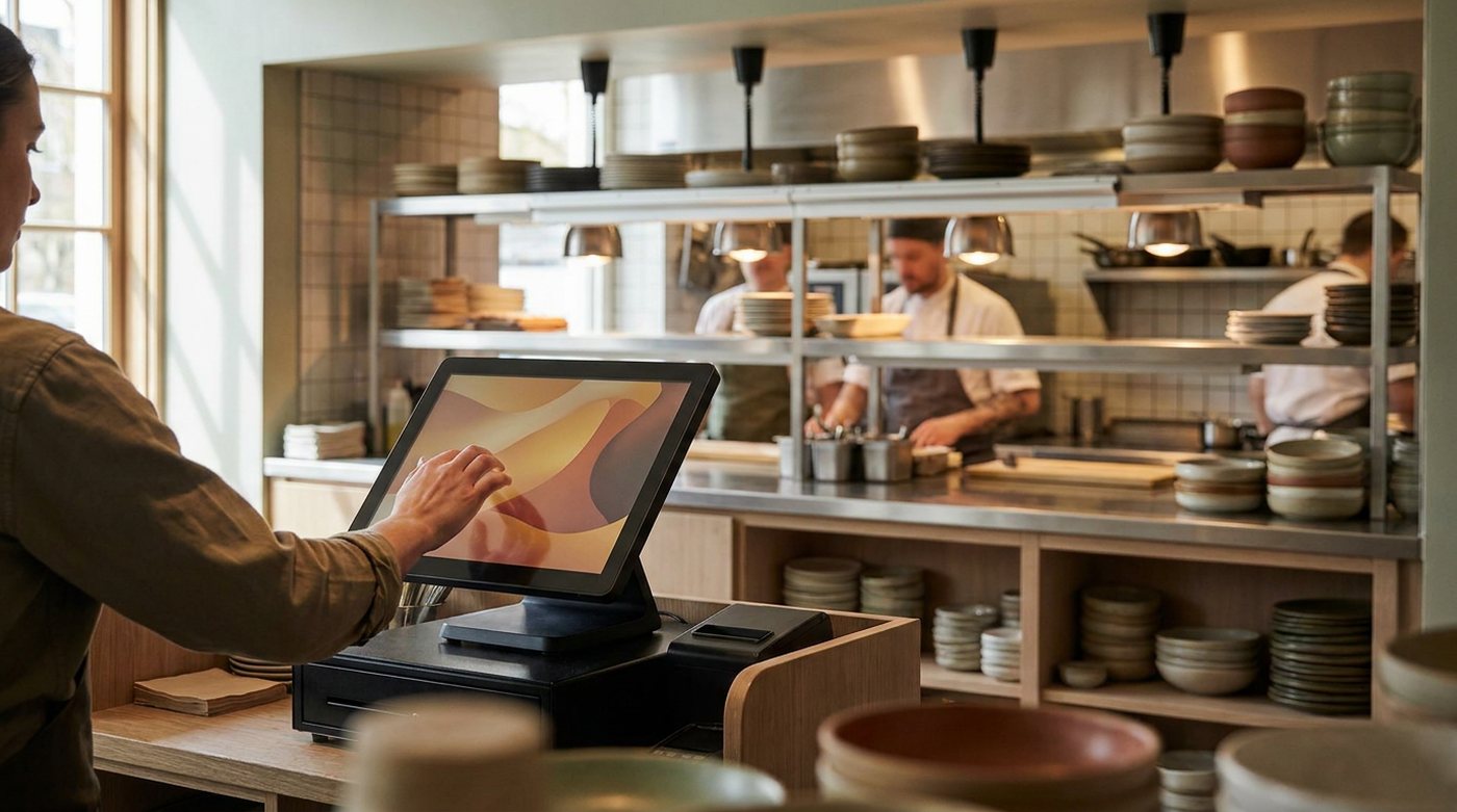 A member of staff working a touchscreen point-of-sale terminal at a restaurant pass, with the kitchen line and stacked crockery behind it.