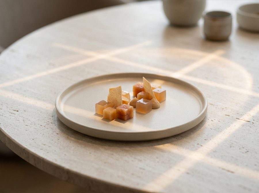 A single plated dish on a pale ceramic plate on a stone table, lit by window light.
