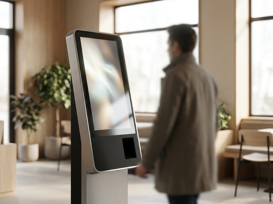 A floor-standing self-order kiosk with a large touchscreen near the entrance of a light, wood-lined restaurant as a guest walks toward it.