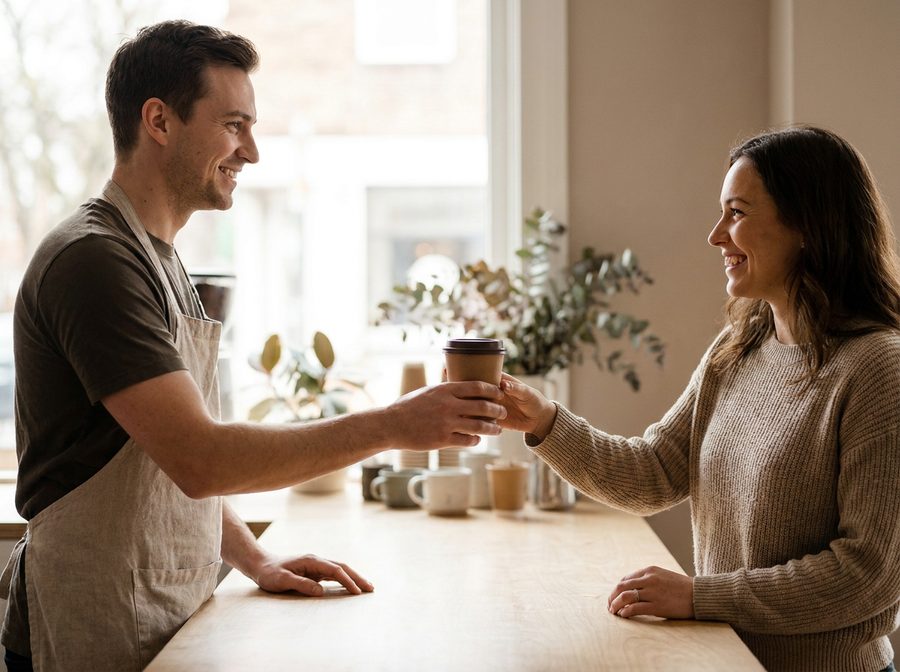 A barista hands a takeaway coffee cup across the counter to a smiling regular customer.