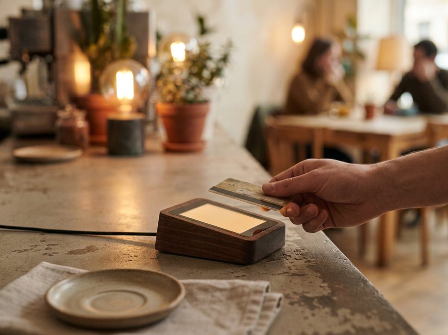A guest presents a card to a small payment terminal standing on a café counter.