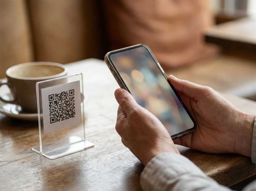 Close-up of a guest holding a phone beside a QR code stand on a wooden café table, next to a cup of coffee.