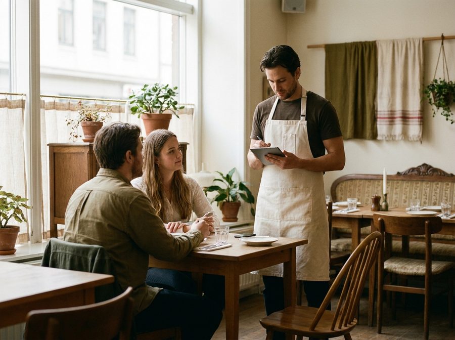 A waiter in an apron takes an order on a handheld tablet at the table of two seated guests.